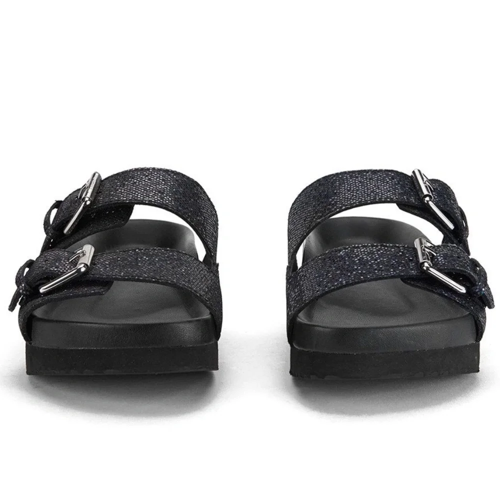 Ash Womens Black Sparkle Double-Buckle Slide Sandals